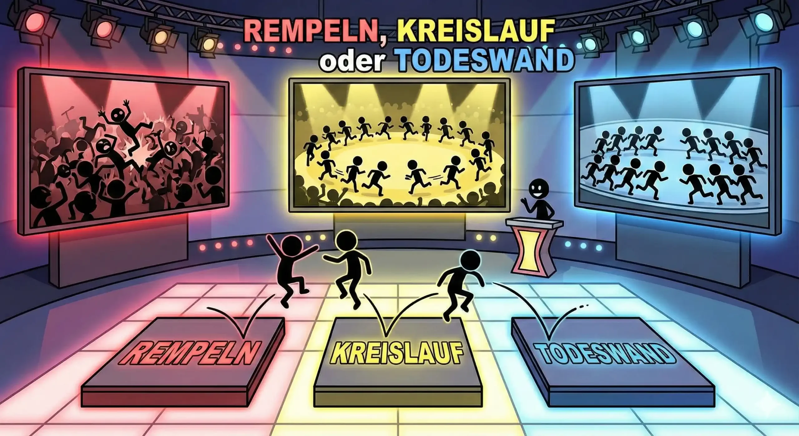 Arten der Rempelgrube (Moshpit). Rempeln, Kreislauf und Todeswand.